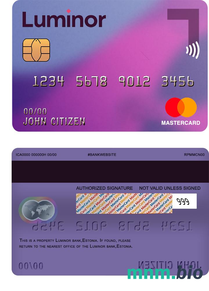 Estonia Luminor Bank visa electron karta master karta przykład w formacie PSD